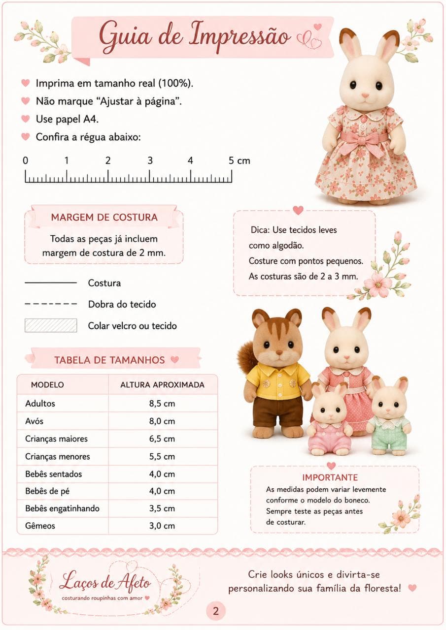 Guia de impressão com tabela de tamanhos dos bonecos